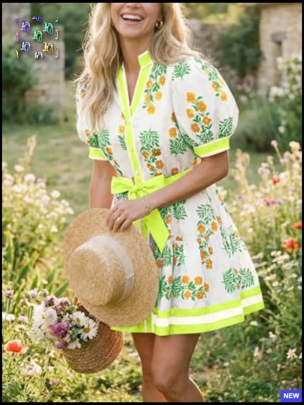 Floral Mini Dress Puff Sleeve V Neck Button Down Boho Casual Loose Fit - Picture 4 of 7